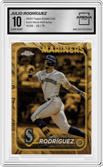 Julio Rodríguez from the 2024 Topps Gilded Collection set featuring a Gold Wave Refractor parallel graded by Arena Club and given an overall grade of 10.