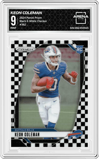 Keon Coleman from the 2024 Panini Prizm set featuring a Black & White Checker parallel graded by Arena Club and given an overall grade of 9.