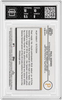 Paul Skenes from the 2024 Topps Chrome Update set featuring a Refractor parallel graded by Arena Club and given an overall grade of 8.5.