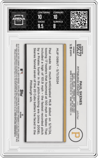 Paul Skenes from the 2024 Topps Chrome Update set featuring a Refractor parallel graded by Arena Club and given an overall grade of 8.5.
