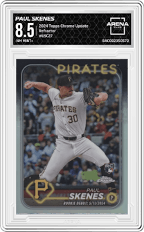 Paul Skenes from the 2024 Topps Chrome Update set featuring a Refractor parallel graded by Arena Club and given an overall grade of 8.5.