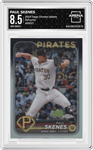 Paul Skenes from the 2024 Topps Chrome Update set featuring a Refractor parallel graded by Arena Club and given an overall grade of 8.5.