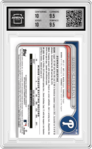 Jaeden Calderon from the 2024 Bowman Chrome set featuring a Purple Refractor parallel graded by Arena Club and given an overall grade of 10.