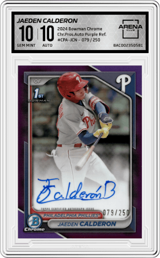 Jaeden Calderon from the 2024 Bowman Chrome set featuring a Purple Refractor parallel graded by Arena Club and given an overall grade of 10.