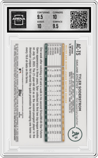 Tyler Soderstrom from the 2024 Topps Chrome Update set featuring a Purple Refractor parallel graded by Arena Club and given an overall grade of 10.