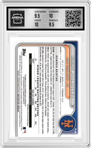 Jeremy Rodriguez from the 2024 Bowman Chrome set featuring a HTA Choice Refractor parallel graded by Arena Club and given an overall grade of 10.