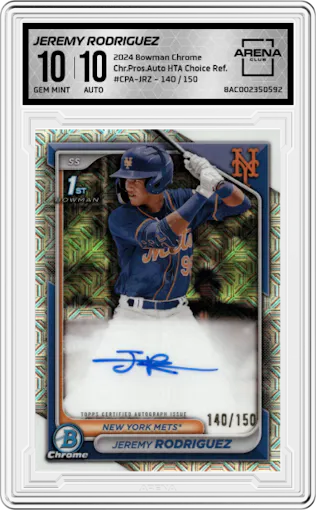 Jeremy Rodriguez from the 2024 Bowman Chrome set featuring a HTA Choice Refractor parallel graded by Arena Club and given an overall grade of 10.