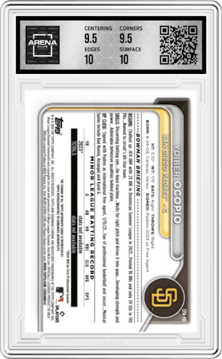 Yoiber Ocopio from the 2024 Bowman Chrome set featuring a Gold Shimmer Refractor parallel graded by Arena Club and given an overall grade of 10.