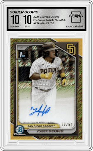 Yoiber Ocopio from the 2024 Bowman Chrome set featuring a Gold Shimmer Refractor parallel graded by Arena Club and given an overall grade of 10.
