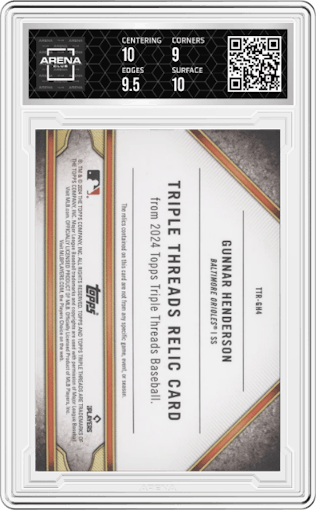 Gunnar Henderson from the 2024 Topps Triple Threads set graded by Arena Club and given an overall grade of 9.5.