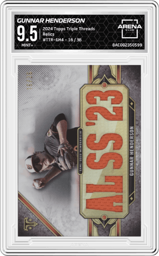 Gunnar Henderson from the 2024 Topps Triple Threads set graded by Arena Club and given an overall grade of 9.5.