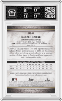 Marco Luciano from the 2024 Topps Triple Threads set graded by Arena Club and given an overall grade of 9.