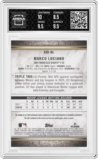 Marco Luciano from the 2024 Topps Triple Threads set graded by Arena Club and given an overall grade of 9.