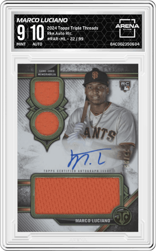Marco Luciano from the 2024 Topps Triple Threads set graded by Arena Club and given an overall grade of 9.
