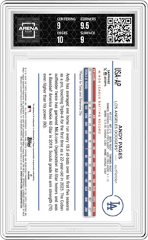 Andy Pages  from the 2024 Topps Chrome Update Sapphire Edition set featuring a Gold Refractor parallel graded by Arena Club and given an overall grade of 9.5.