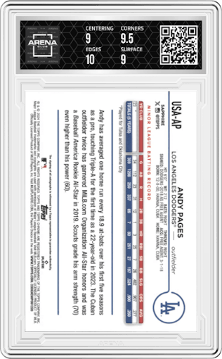 Andy Pages  from the 2024 Topps Chrome Update Sapphire Edition set featuring a Gold Refractor parallel graded by Arena Club and given an overall grade of 9.5.