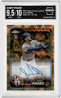 Andy Pages  from the 2024 Topps Chrome Update Sapphire Edition set featuring a Gold Refractor parallel graded by Arena Club and given an overall grade of 9.5.