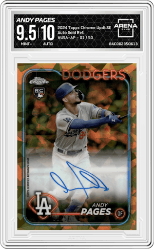 Andy Pages  from the 2024 Topps Chrome Update Sapphire Edition set featuring a Gold Refractor parallel graded by Arena Club and given an overall grade of 9.5.