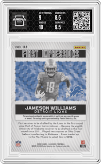 Jameson Williams from the 2022 Panini Illusions set graded by Arena Club and given an overall grade of 9.