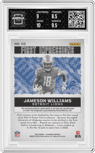 Jameson Williams from the 2022 Panini Illusions set graded by Arena Club and given an overall grade of 9.