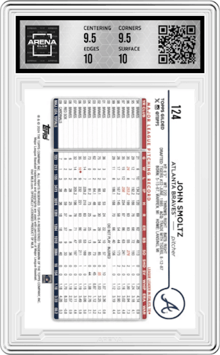 John Smoltz from the 2024 Topps Gilded Collection set featuring a Gold RayWave Refractor parallel graded by Arena Club and given an overall grade of 10.