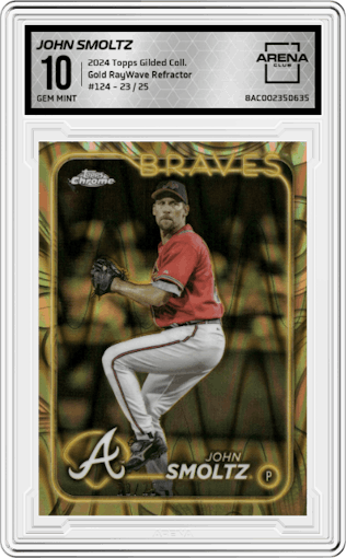 John Smoltz from the 2024 Topps Gilded Collection set featuring a Gold RayWave Refractor parallel graded by Arena Club and given an overall grade of 10.