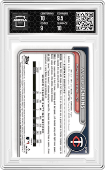 Walker Jenkins  from the 2024 Bowman Chrome set featuring a Orange Shimmer Refractor parallel graded by Arena Club and given an overall grade of 9.5.
