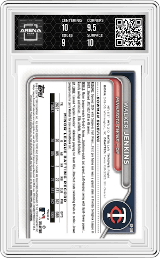 Walker Jenkins  from the 2024 Bowman Chrome set featuring a Orange Shimmer Refractor parallel graded by Arena Club and given an overall grade of 9.5.