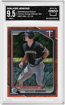 Walker Jenkins  from the 2024 Bowman Chrome set featuring a Orange Shimmer Refractor parallel graded by Arena Club and given an overall grade of 9.5.