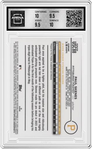 Paul Skenes from the 2024 Topps Chrome Update set featuring a Refractor parallel graded by Arena Club and given an overall grade of 10.