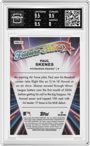 Paul Skenes from the 2024 Topps Chrome Update set featuring a Gold Refractor parallel graded by Arena Club and given an overall grade of 8.5.