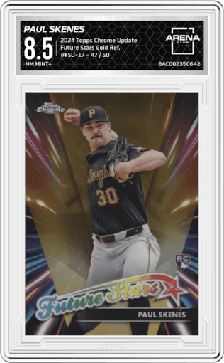 Paul Skenes from the 2024 Topps Chrome Update set featuring a Gold Refractor parallel graded by Arena Club and given an overall grade of 8.5.