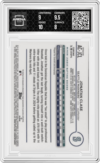 Jonatan Clase from the 2024 Topps Chrome Update set featuring a Refractor parallel graded by Arena Club and given an overall grade of 8.5.