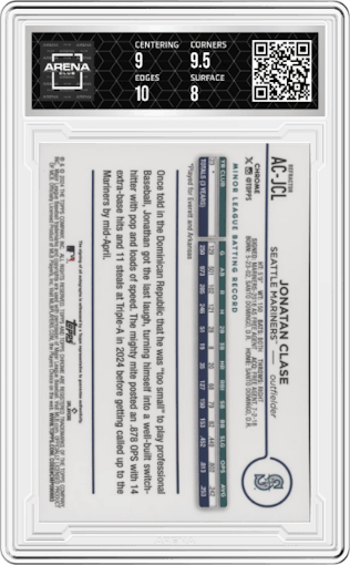 Jonatan Clase from the 2024 Topps Chrome Update set featuring a Refractor parallel graded by Arena Club and given an overall grade of 8.5.