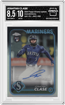 Jonatan Clase from the 2024 Topps Chrome Update set featuring a Refractor parallel graded by Arena Club and given an overall grade of 8.5.