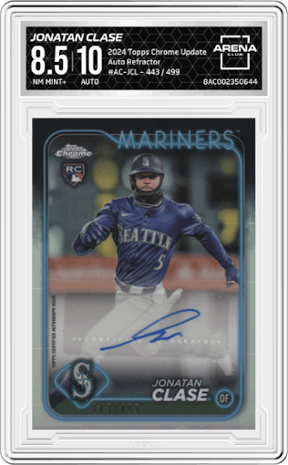 Jonatan Clase from the 2024 Topps Chrome Update set featuring a Refractor parallel graded by Arena Club and given an overall grade of 8.5.