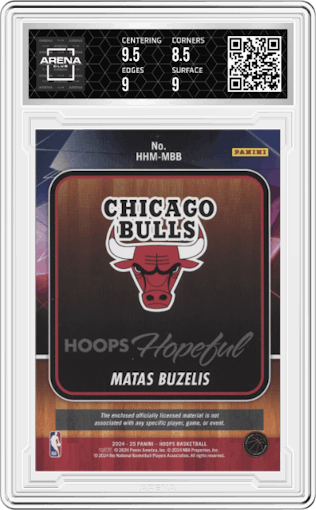 Matas Buzelis from the 2024-25 Panini NBA Hoops set graded by Arena Club and given an overall grade of 9.