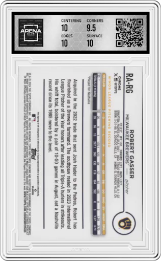 Robert Gasser from the 2024 Topps Chrome Update set featuring a Purple Refractor parallel graded by Arena Club and given an overall grade of 10.