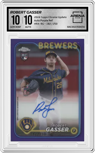 Robert Gasser from the 2024 Topps Chrome Update set featuring a Purple Refractor parallel graded by Arena Club and given an overall grade of 10.