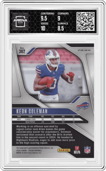 Keon Coleman from the 2024 Panini Prizm set featuring a  Silver  parallel graded by Arena Club and given an overall grade of 9.