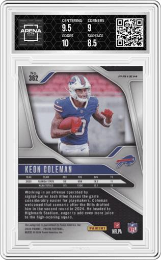 Keon Coleman from the 2024 Panini Prizm set featuring a  Silver  parallel graded by Arena Club and given an overall grade of 9.