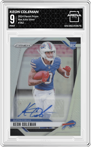 Keon Coleman from the 2024 Panini Prizm set featuring a  Silver  parallel graded by Arena Club and given an overall grade of 9.