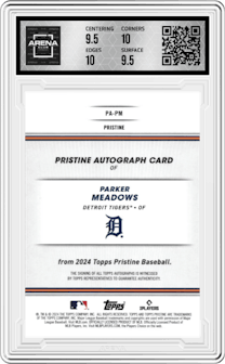 Parker Meadows from the 2024 Topps Pristine set featuring a Green Pristine Pulsar Refractor parallel graded by Arena Club and given an overall grade of 10.