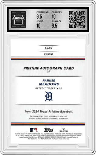 Parker Meadows from the 2024 Topps Pristine set featuring a Green Pristine Pulsar Refractor parallel graded by Arena Club and given an overall grade of 10.