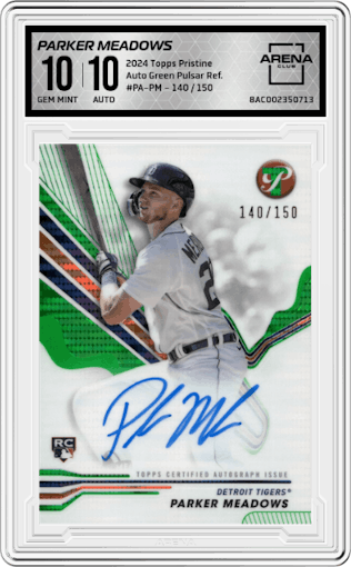 Parker Meadows from the 2024 Topps Pristine set featuring a Green Pristine Pulsar Refractor parallel graded by Arena Club and given an overall grade of 10.