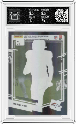 Marvin Mims from the 2023 Clearly Donruss set featuring a Black parallel graded by Arena Club and given an overall grade of 8.
