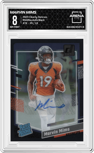 Marvin Mims from the 2023 Clearly Donruss set featuring a Black parallel graded by Arena Club and given an overall grade of 8.