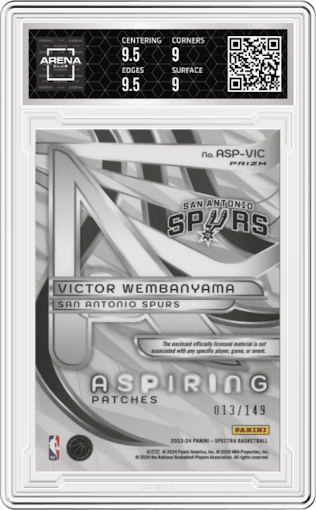 Victor Wembanyama from the 2023-24 Panini Spectra set graded by Arena Club and given an overall grade of 9.5.