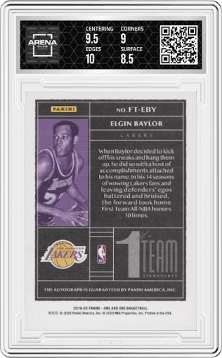 Elgin Baylor from the 2019-20 Panini One and One set featuring a Blue parallel graded by Arena Club and given an overall grade of 9.