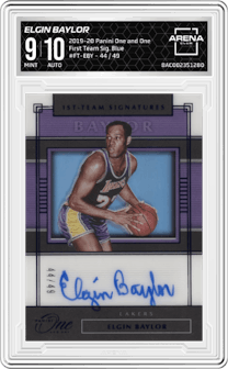 Elgin Baylor from the 2019-20 Panini One and One set featuring a Blue parallel graded by Arena Club and given an overall grade of 9.